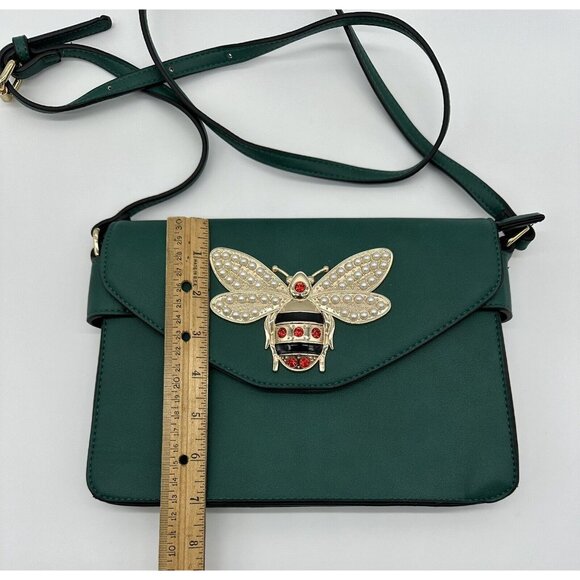 Bumble Bee Purse Shoulder Bag Green Queen Embellished Faux Pearl Rhinestone - Picture 11 of 12